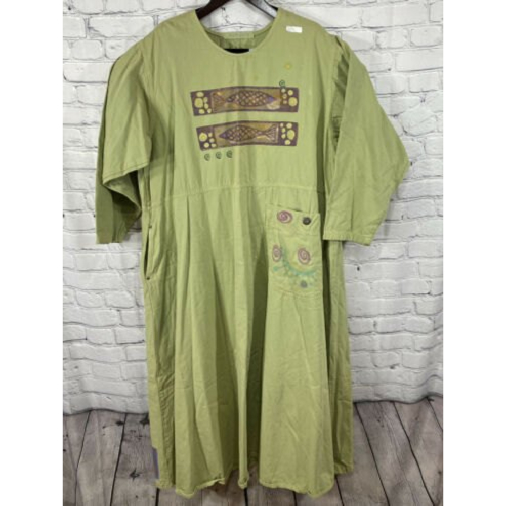 BLUE FISH 1997 VTG Hand Printed Art Work Green Dress Size 2 New! 100% USA COTTON